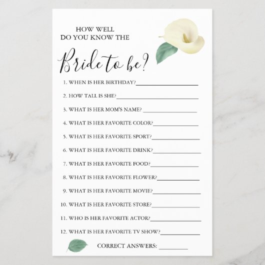 Calla Lily Hoe goed ken je de bruid spelkaart Flyer (Voorkant)