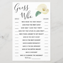 Calla Lily Raad Wie Vrijgezellenfeest spelkaart Flyer