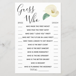 Calla Lily Raad Wie Vrijgezellenfeest spelkaart Flyer