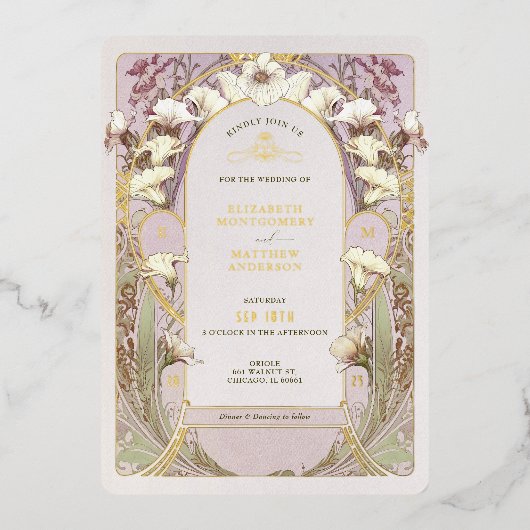 Calla Lily Roos Gold Foil Wedding Invitation Mucha Folie Uitnodiging (Voorkant)