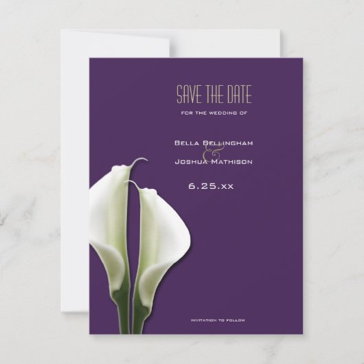 Calla Lily Save the Date op Paarse Aankondiging (Voorkant)