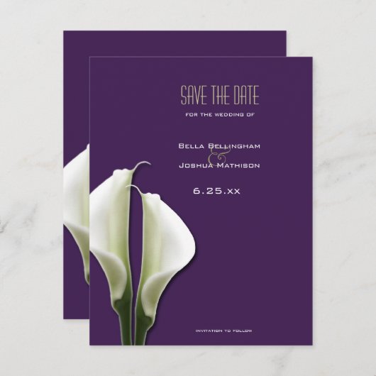 Calla Lily Save the Date op Paarse Aankondiging (Voorkant / Achterkant)