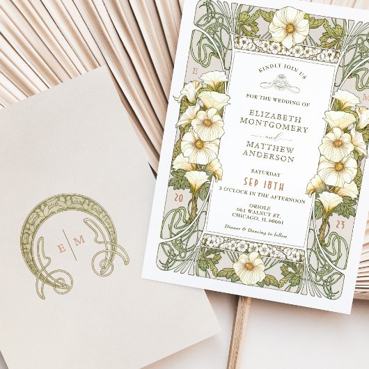 Calla Lily Wedding Invitations Art Nouveau Mucha Kaart