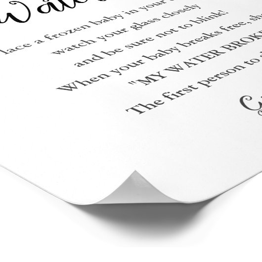 CALLA Mijn Water Broke Baby shower Game Sign Poster (Hoek)