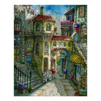 Callejón de Cuento de Hadas en Acuarela  Perfect Poster