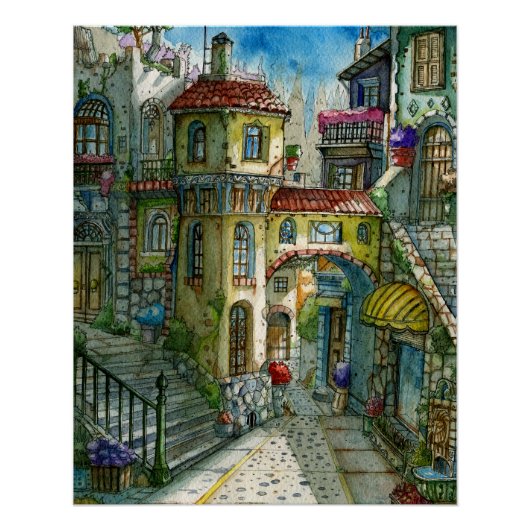 Callejón de Cuento de Hadas en Acuarela  Perfect Poster (Voorkant)