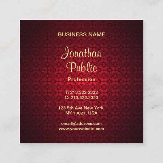 Calligraded Script Name Red Damask Sjabloon Chic Vierkante Visitekaartje (Achterkant)