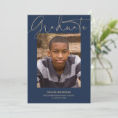 Calligrafie 1-Foto Blue & Gold Graduparty Kaart (Staand voorkant)