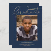 Calligrafie 1-Foto Blue & Gold Graduparty Kaart (Voorkant / Achterkant)