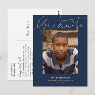 Calligrafie 1-Photo Blue & Gold Afstuderen Briefkaart