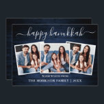 Calligrafie 3 Foto Blue Wood Happy Hanukkah Feestdagenkaart<br><div class="desc">Modern Trendy Calligraphy Script 3 Fotofamilie Foto Collage Happy Hanukkah Kaart - Robuust Country Blue Wood</div>