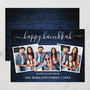 Calligrafie 3 Foto Blue Wood Happy Hanukkah Feestdagenkaart