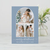 Calligrafie 3 Foto Boog Sneeuwvlokken Stofblauw Feestdagenkaart (Staand voorkant)