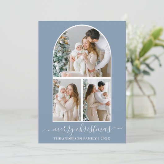 Calligrafie 3 Foto Boog Sneeuwvlokken Stofblauw Feestdagenkaart (Staand voorkant)