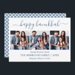 Calligrafie 3 Foto Dusty Blue Gingham Hanukkah Feestdagenkaart<br><div class="desc">Modern Trendy Calligraphy Script 3 Foto Familie Collage Happy Hanukkah Kaart - Dusty Blue en White Play Gingham Back</div>