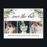 Calligrafie 3 Foto Greenery Save the Date Briefkaart<br><div class="desc">Moderne kalligrafie Manuscript Elegant Waterverf Greenery 3 Foto Save The Date Wedding Verloving Announcement Briefkaart including eucalyptusbladeren,  green botanical foliage,  dusty blue bladeren en andere prachtige botanische groenery.</div>