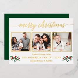 Calligrafie 3 Foto met Kerstmis Holly Green Gold Folie Feestdagenkaart
