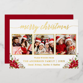 Calligrafie 3 Foto met Kerstmis Poinsettia Gold Folie Feestdagenkaart