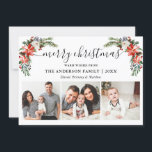 Calligrafie 3 Foto Waterverf Winter Floral Feestdagenkaart<br><div class="desc">Moderne kalligrafie script. De Elegant Winter Floral 3 Foto Merry Kerstmis Kaart bevat prachtige rode waterverf punsettias,  botanische groen,  winterbladeren,  holbessen,  witte rozen,  katoen,  pijnboompitten en blauwe bessen.</div>