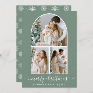 Calligrafie 3 Fotoboog Snowflakes Sage Green Feestdagenkaart