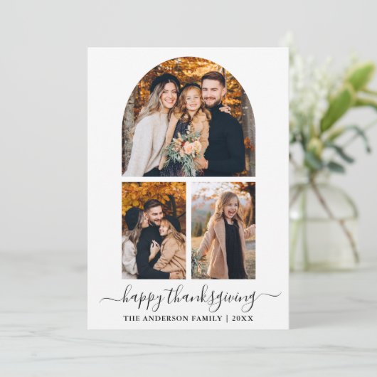 Calligrafie 3 Fotoboog Thanksgiving Terracotta Feestdagenkaart (Staand voorkant)
