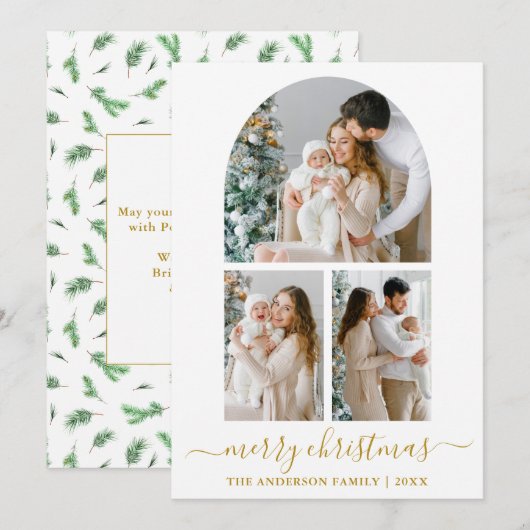 Calligrafie 3 Fotoboog Waterverf Pines Gold Feestdagenkaart (Voorkant / Achterkant)