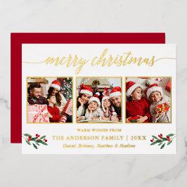 Calligrafie 3 Fotokerstrood Holly Gold Folie Feestdagenkaart