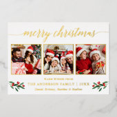 Calligrafie 3 Fotokerstrood Holly Gold Folie Feestdagenkaart (Voorkant)