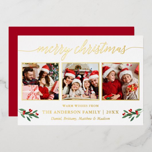 Calligrafie 3 Fotokerstrood Holly Gold Folie Feestdagenkaart (Voorkant / Achterkant)