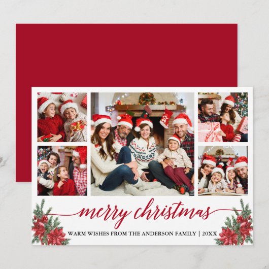 Calligrafie 5 Foto met Kerstmis Pines Feestdagenkaart (Voorkant / Achterkant)