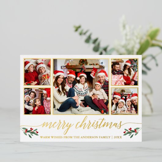 Calligrafie 5 Kerstfeestdag met foto's Folie Feestdagenkaart (Staand Voorkant)