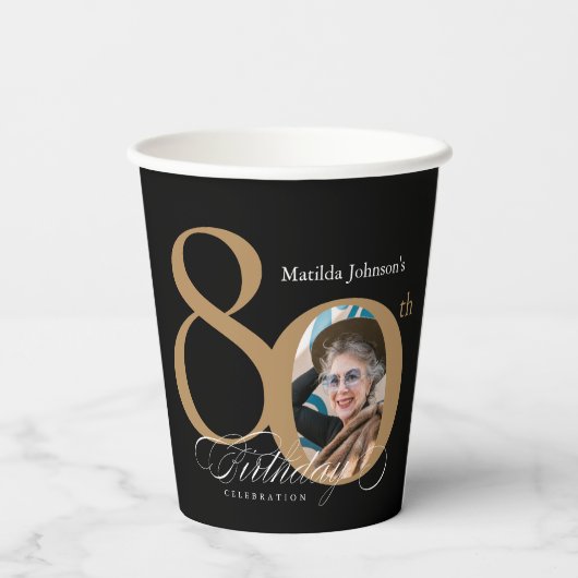 Calligrafie 80th Birthday Elegant Gold Black Photo Papieren Bekers (Achterkant)
