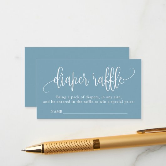 Calligrafie-Baby shower Diaper Raffle, Blue White Informatiekaartje (Voorkant / Achterkant in situ)