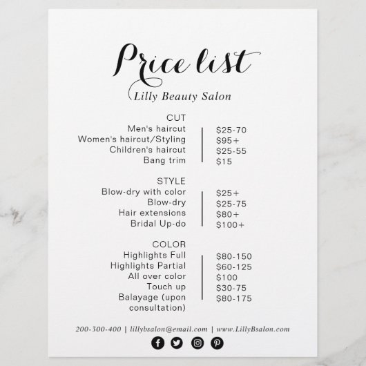 Calligrafie Beauty Salon-prijslijst (Voorkant)