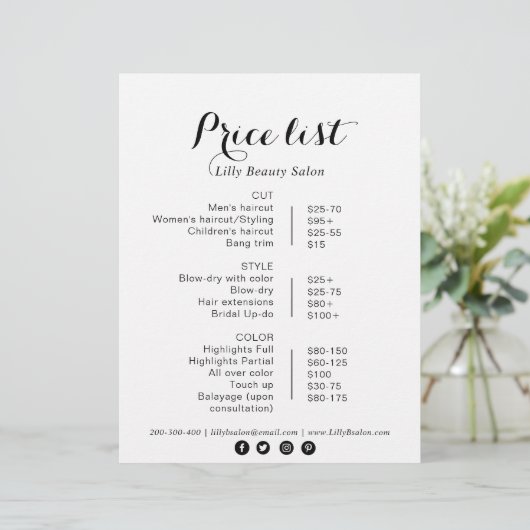 Calligrafie Beauty Salon-prijslijst (Staand voorkant)