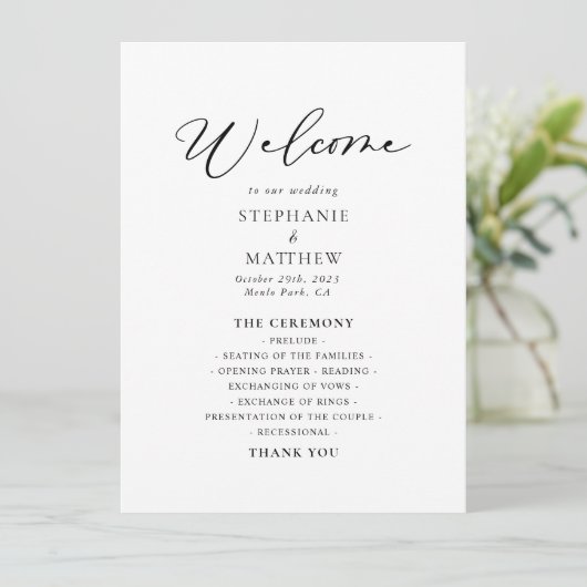 Calligrafie Black and White Wedding Programmakaart (Staand voorkant)