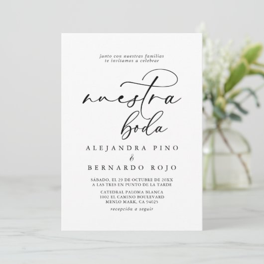 Calligrafie Black en White Nuestra Boda Wedding Kaart (Staand voorkant)