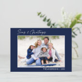 Calligrafie Blauwe Zeeen en groeten Foto Feestdagenkaart (Staand voorkant)