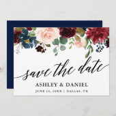 Calligrafie Blue Burgundy Save the Date Kaart (Voorkant / Achterkant)