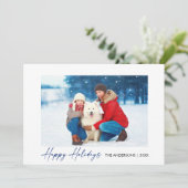 Calligrafie Blue Ink Script Prettige feestdagen Fo Feestdagenkaart (Staand voorkant)