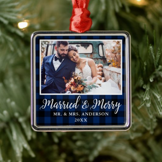 Calligrafie Blue Pset Married en Merry Metalen Ornament (Boom)