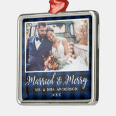 Calligrafie Blue Pset Married en Merry Metalen Ornament (Links)