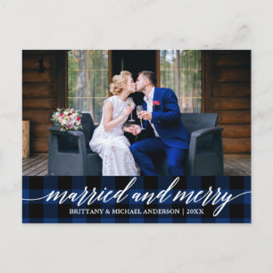 Calligrafie Blue Pset Married en Merry Wedding Briefkaart