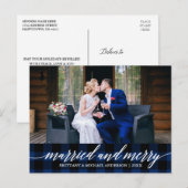 Calligrafie Blue Pset Married en Merry Wedding Briefkaart (Voorkant / Achterkant)
