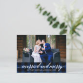 Calligrafie Blue Pset Married en Merry Wedding Briefkaart (Staand voorkant)