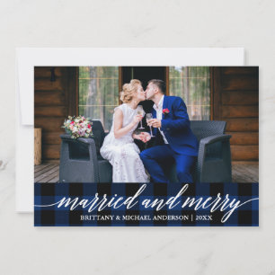 Calligrafie Blue Pset Married en Merry Wedding Feestdagenkaart