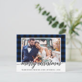 Calligrafie Blue Pset Weddenschap Foto Kerstmis Briefkaart (Staand voorkant)