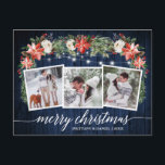Calligrafie Blue Wood 3 Foto Waterverf Floral Briefkaart<br><div class="desc">Moderne Elegant Calligraphy Script,  Waterverf Winter Floral,  String Lights Couple 3 Foto Merry Kerstmis Briefkaart omvat waterverf rode punsettias,  witte rozen,  holbessen,  pijnboomkegels en botanische groenery foliage. Rustic Country Blue Wood.</div>