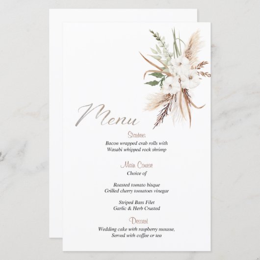 Calligrafie Boho beige flower bruiloft menu (Voorkant / Achterkant)