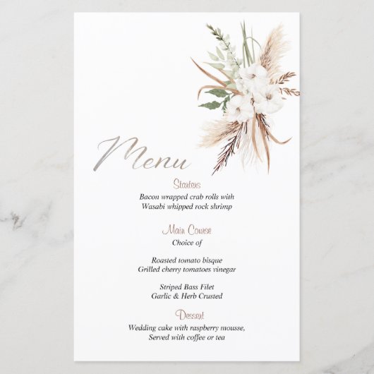 Calligrafie Boho beige flower bruiloft menu (Voorkant)